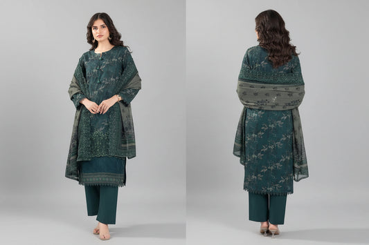 Woman wearing a teal and gray traditional outfit with a matching shawl on a white background