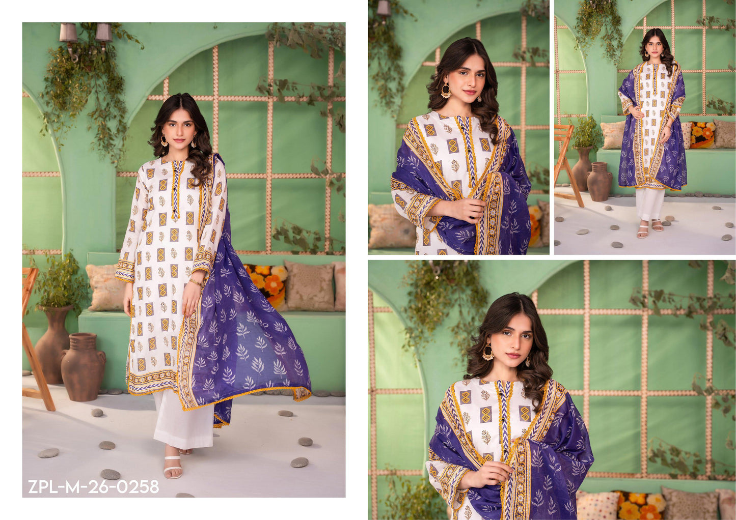 Woman wearing a traditional outfit with a purple and white design in a decorated room.