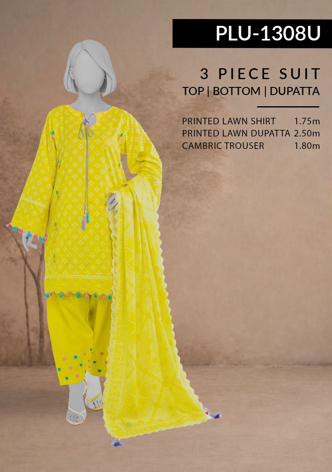 Yellow 3-piece suit with top, bottom, and dupatta on a mannequin against a brown background.