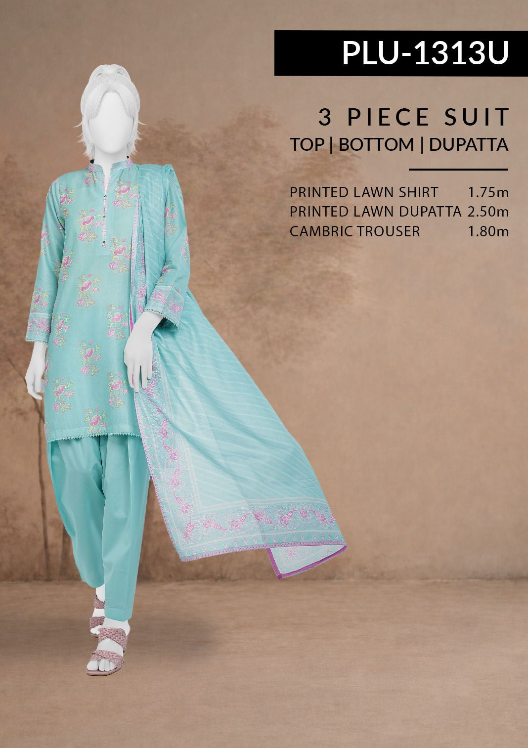 3-piece suit with top, bottom, and dupatta on a mannequin against a brown background.