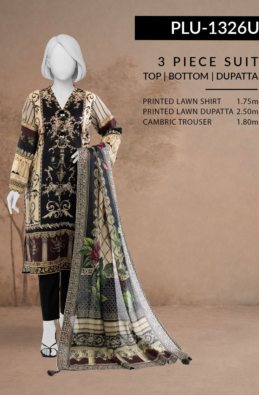 3-piece printed lawn suit with top, bottom, and dupatta on a mannequin against a beige background.