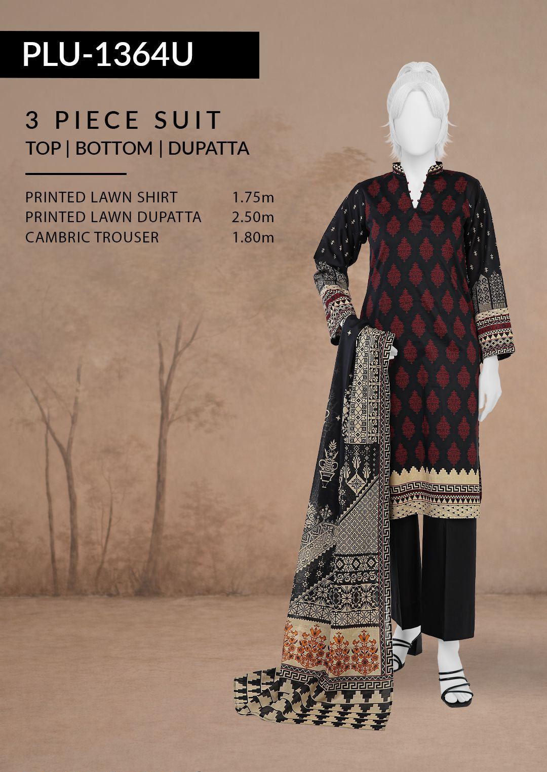 3-piece suit with top, bottom, and dupatta on a mannequin against a beige background.