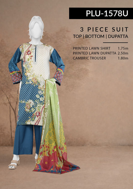 Three-piece suit with top, bottom, and dupatta on a mannequin against a brown background.