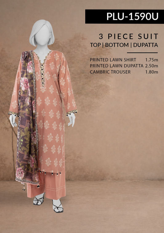 3-piece suit with printed lawn shirt, dupatta, and cambric trouser on a mannequin against a brown background.
