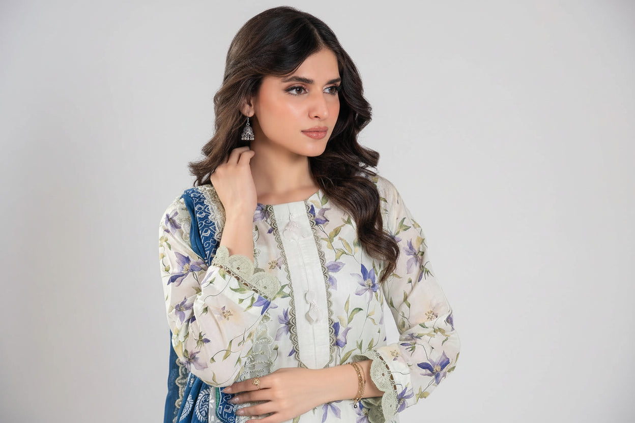 Woman wearing a floral blouse on a white background