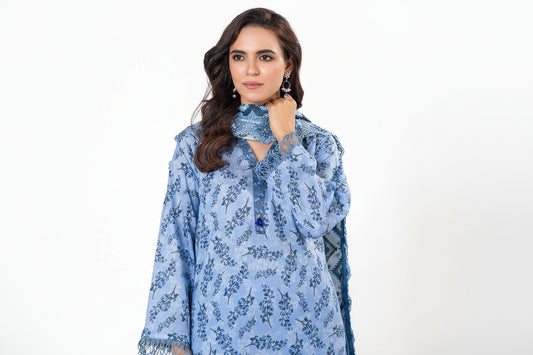 Woman wearing a blue floral dress with a matching dupatta on a white background