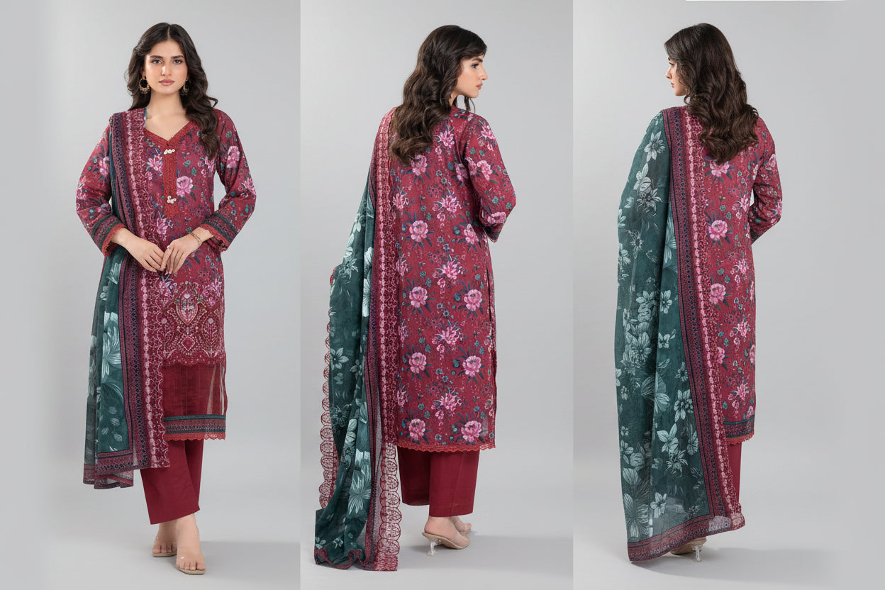 Woman wearing a red floral dress with green dupatta on a white background