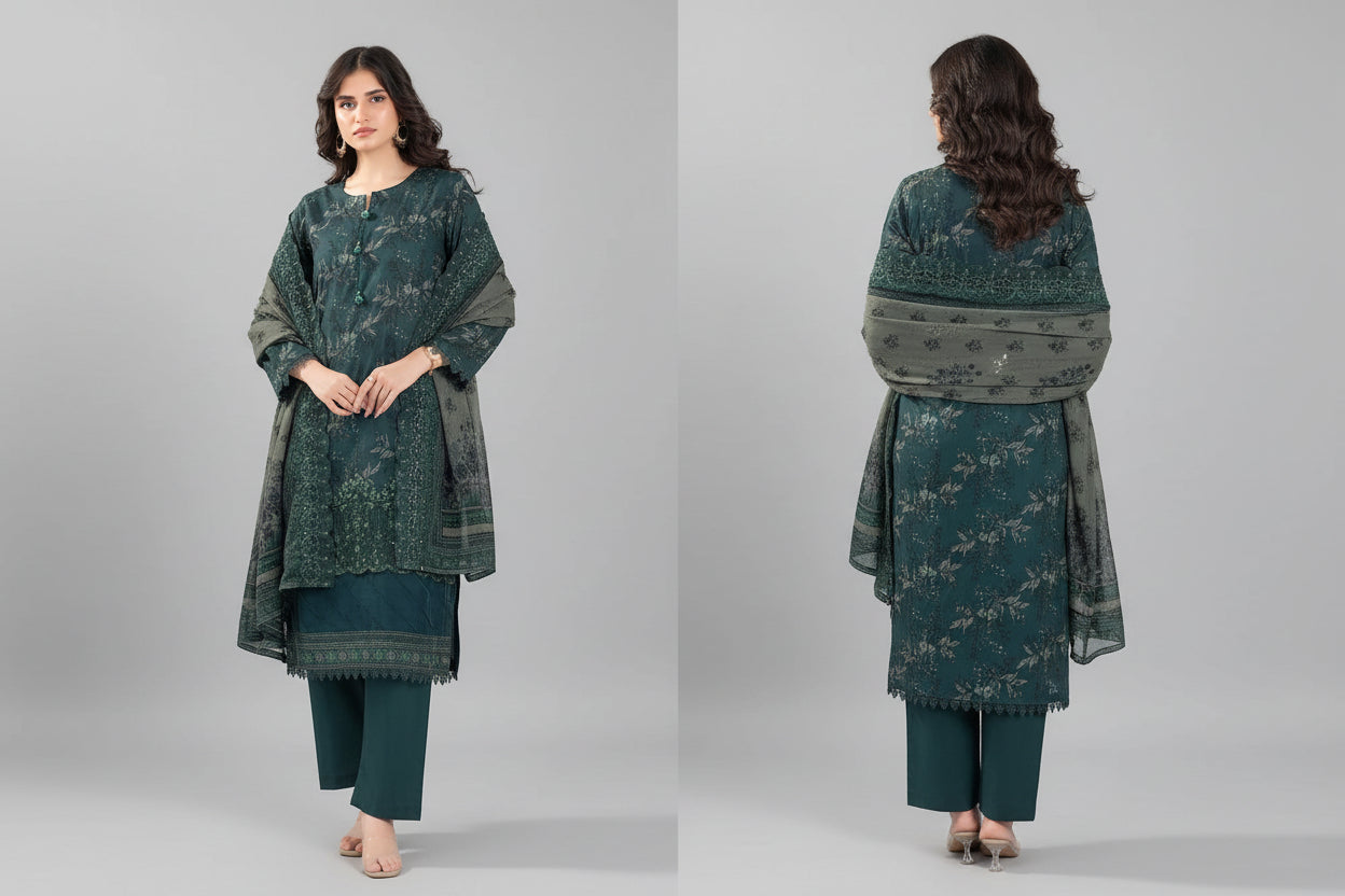 Woman wearing a teal and gray traditional outfit with a matching shawl on a white background