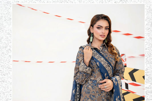 Woman wearing a traditional outfit with a blue dupatta in a collage format.