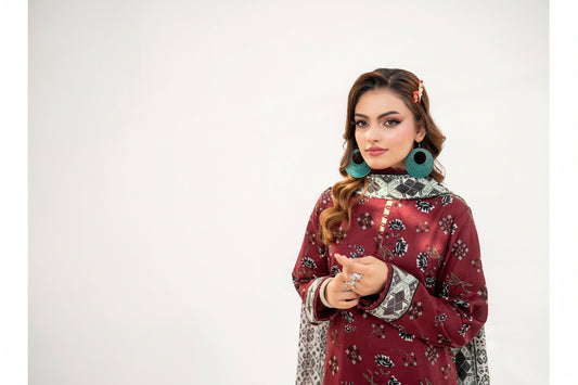Woman wearing a maroon traditional outfit with patterns in a collage format on a white background.