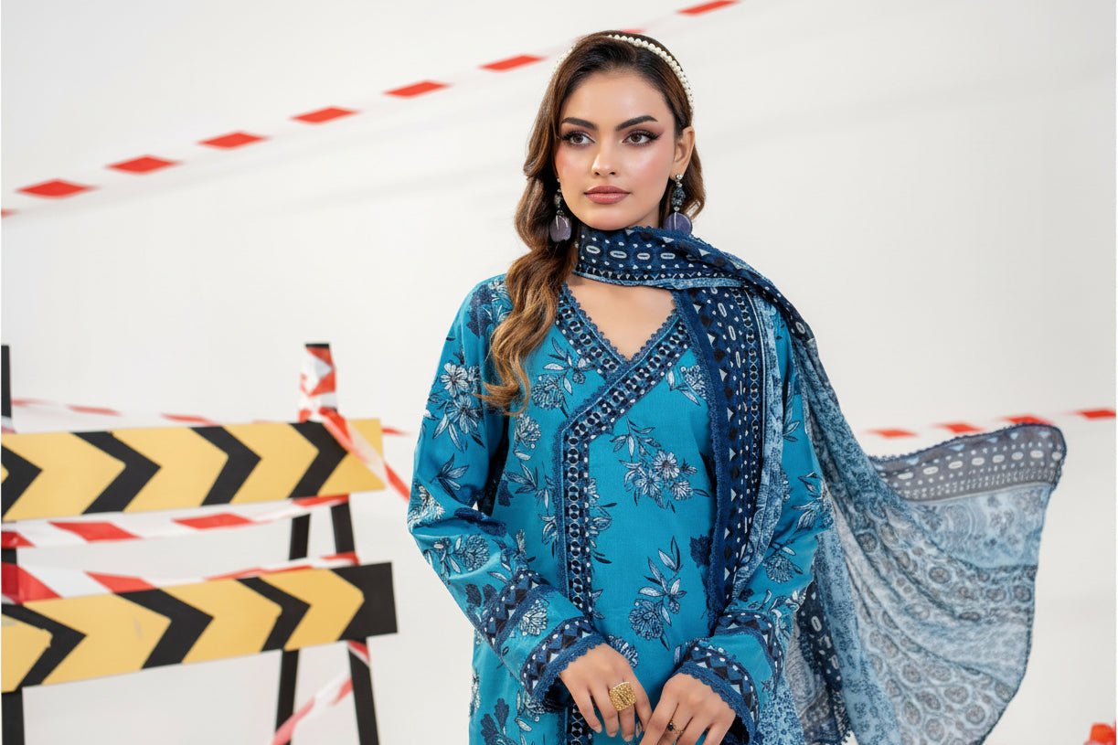 Woman wearing a blue floral dress with matching scarf in various poses on a white background.