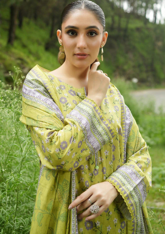 Woman wearing a green and silver traditional outfit in a natural setting