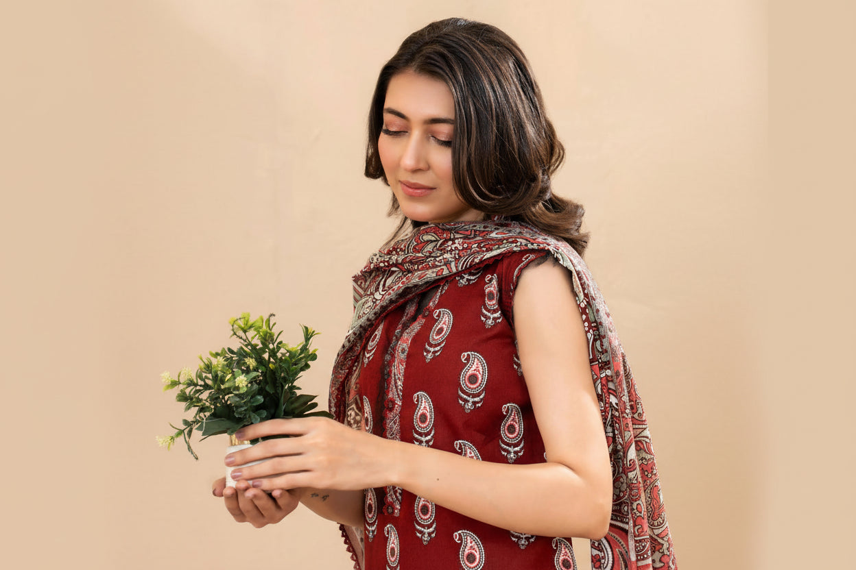 Woman wearing a red printed shirt and dupatta, holding a plant against a beige background