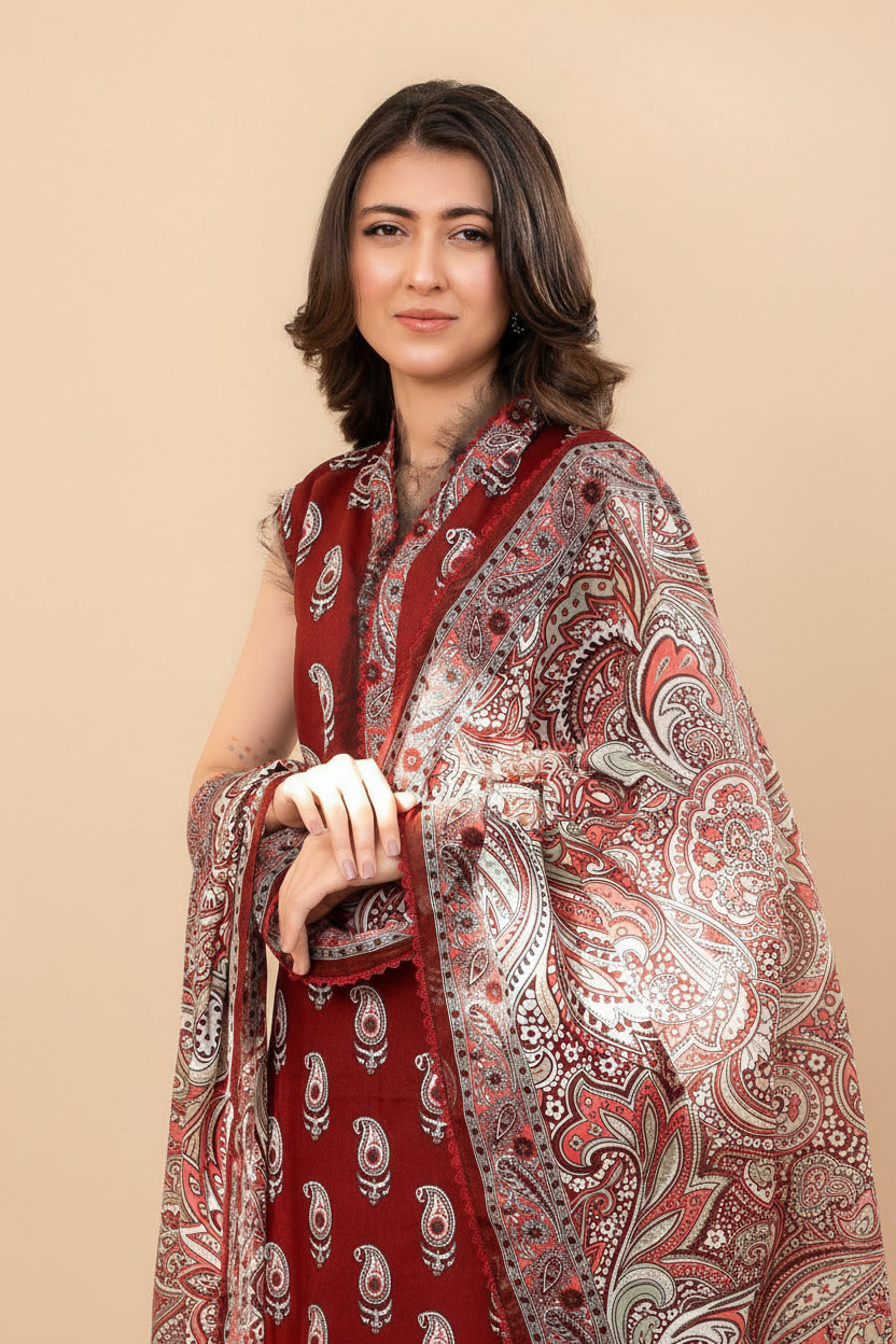 Woman wearing a red and white patterned shawl in various poses against a beige background