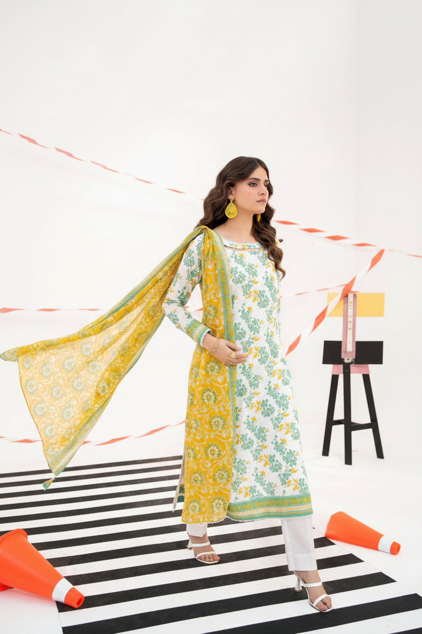 Woman wearing a yellow and green traditional outfit with a white background
