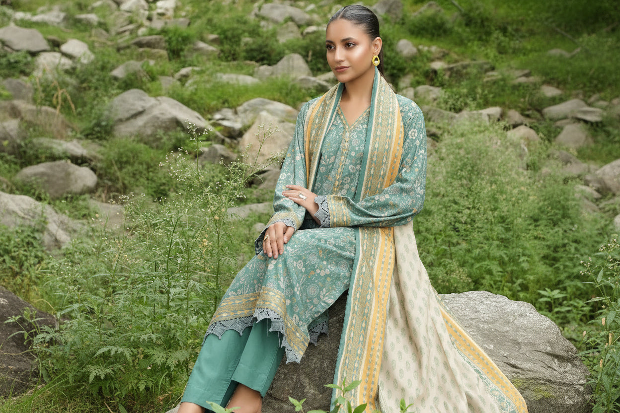 Woman in traditional attire sitting on a rock in a forest setting